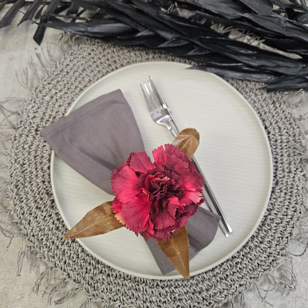 Maison Charlo Burgundy Carnation Flower Napkin Rings Set of 4, Floral Napkin Ring Holders