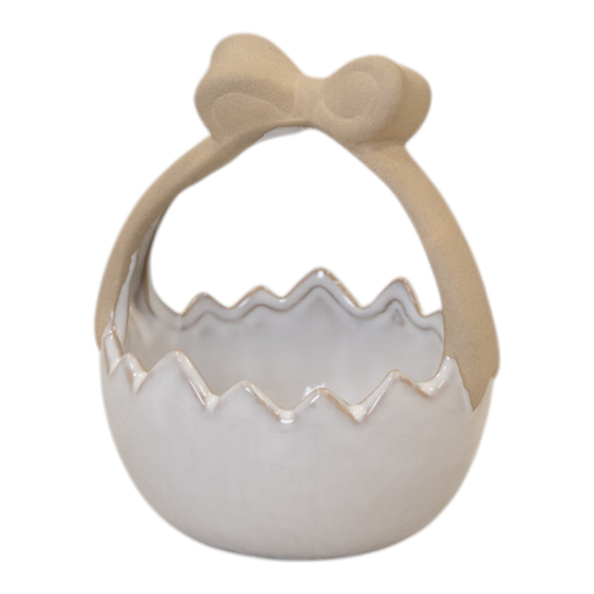 Ceramic Easter Egg Basket White Glazed with Unglazed Bow Handle