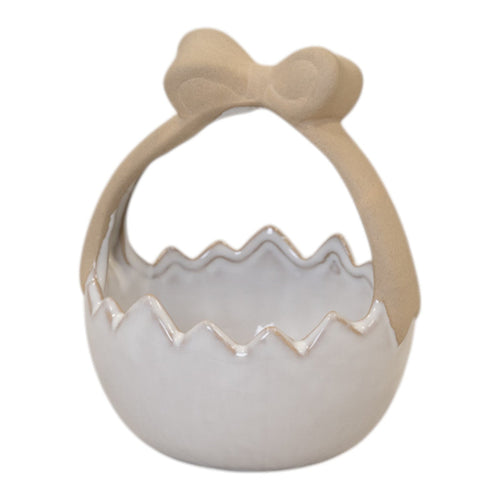 Ceramic Easter Egg Basket White Glazed with Unglazed Bow Handle