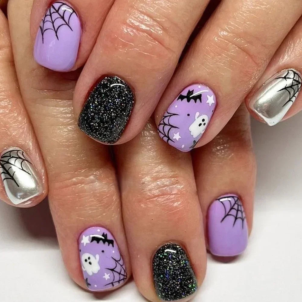 Ghostly Glow 24Pcs Black Square Press-On Nails