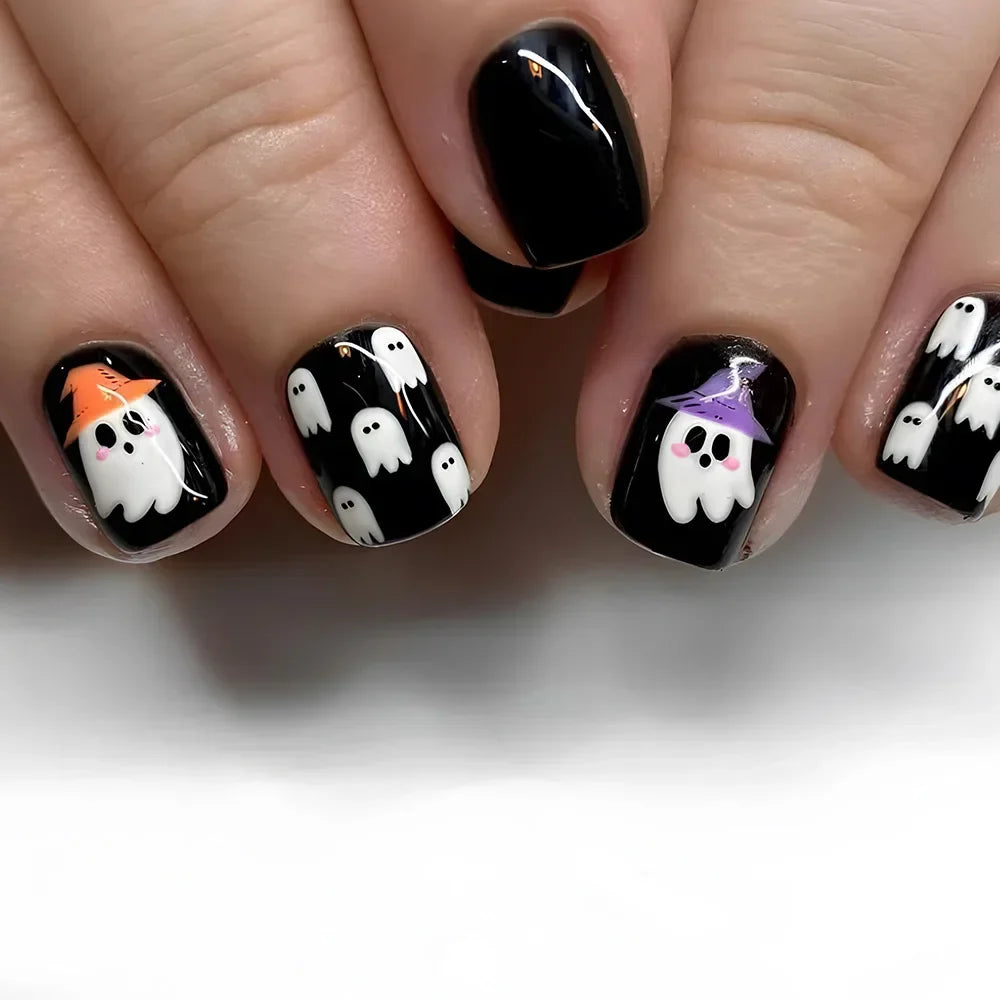 Ghostly Glow 24Pcs Black Square Press-On Nails