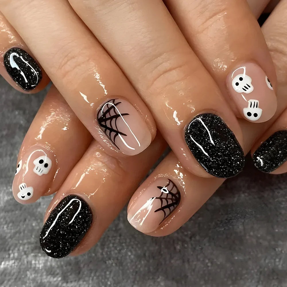 Ghostly Glow 24Pcs Black Square Press-On Nails