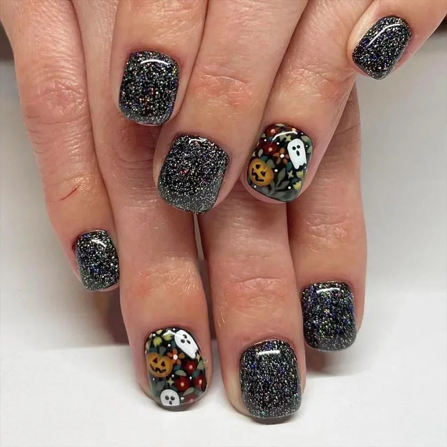 Ghostly Glow 24Pcs Black Square Press-On Nails