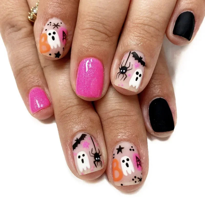 Ghostly Glow 24Pcs Black Square Press-On Nails
